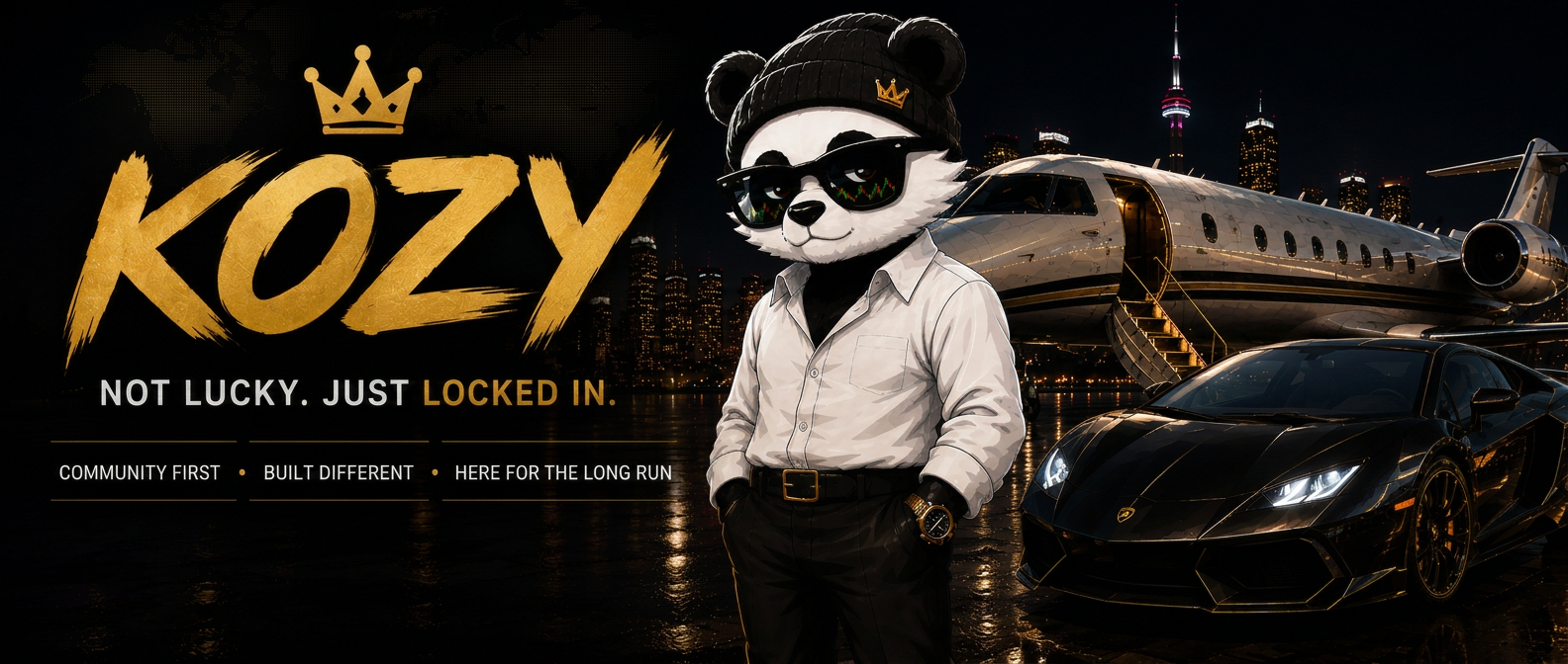KOZY — not lucky, just locked in. Panda mascot with private jet and supercar at night