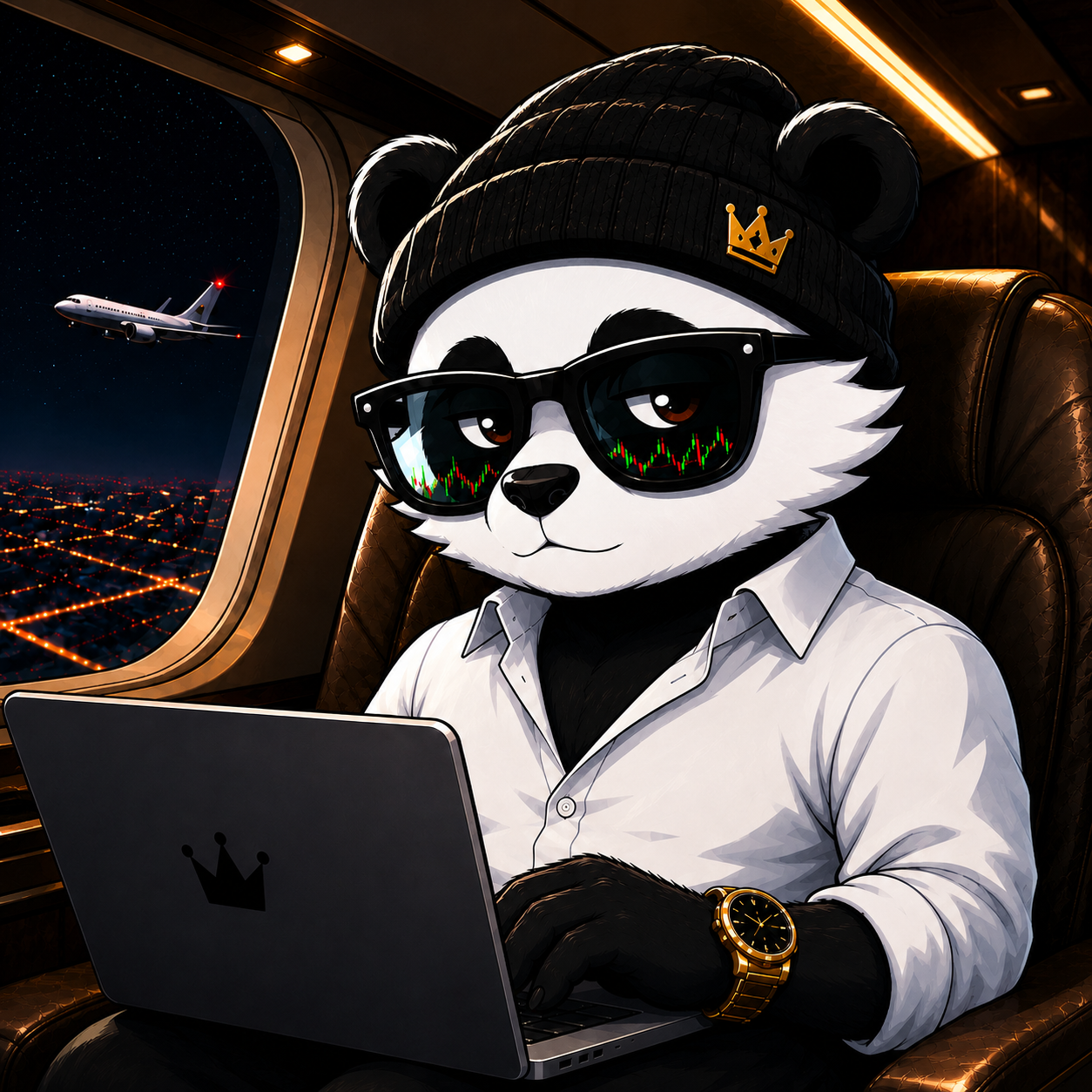Kozy wearing a black beanie and crown, trading on a laptop inside a private jet at night